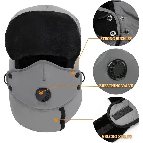 Unisex Gray Winter Trapper Hat Russian with Ear Flap Mask Aviator Cold Weather - Picture 6 of 6